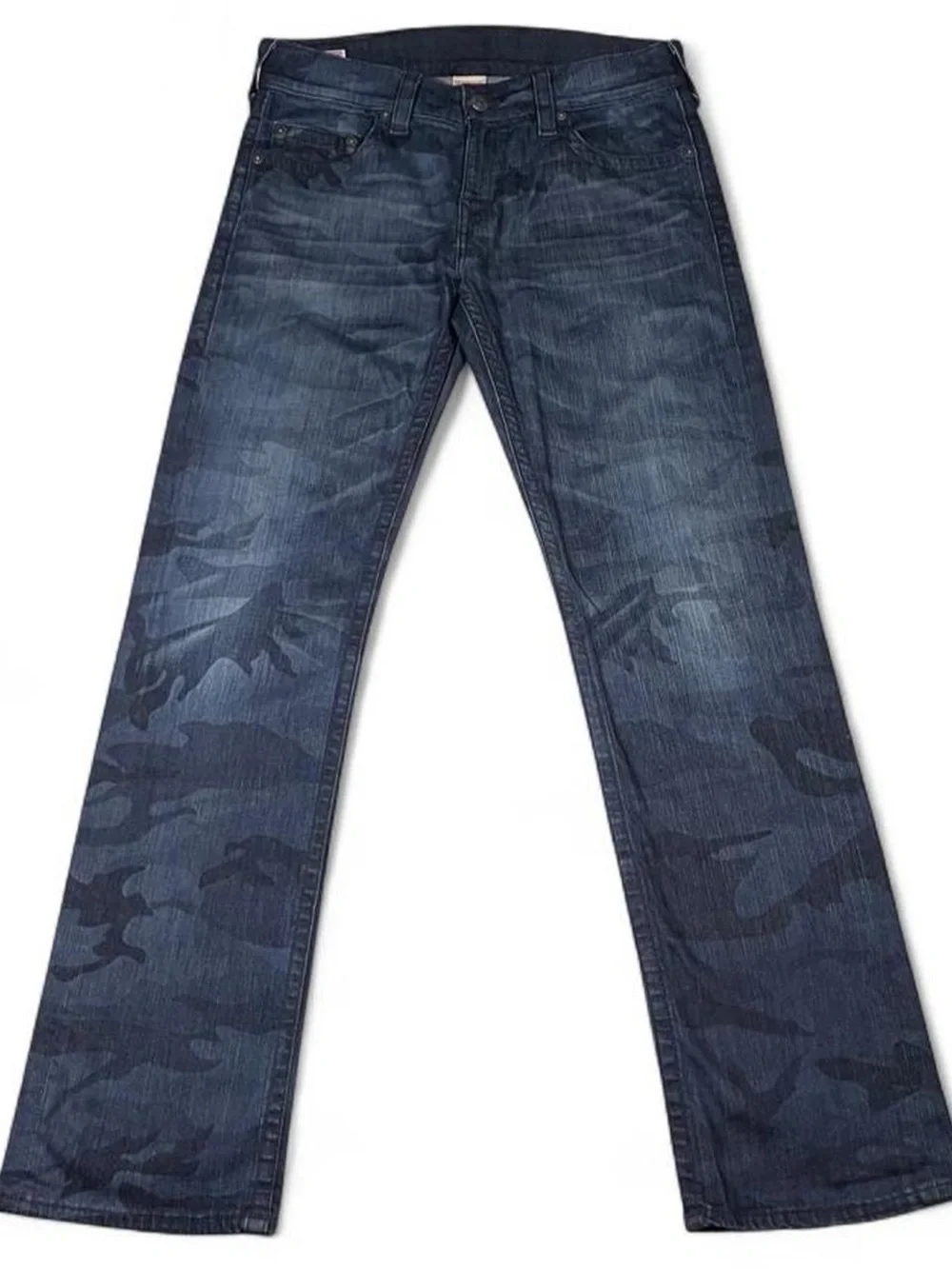True Religion Bobby Camo Laser Straight Asum Camoflaged Blue Jeans W35 L35 Stack